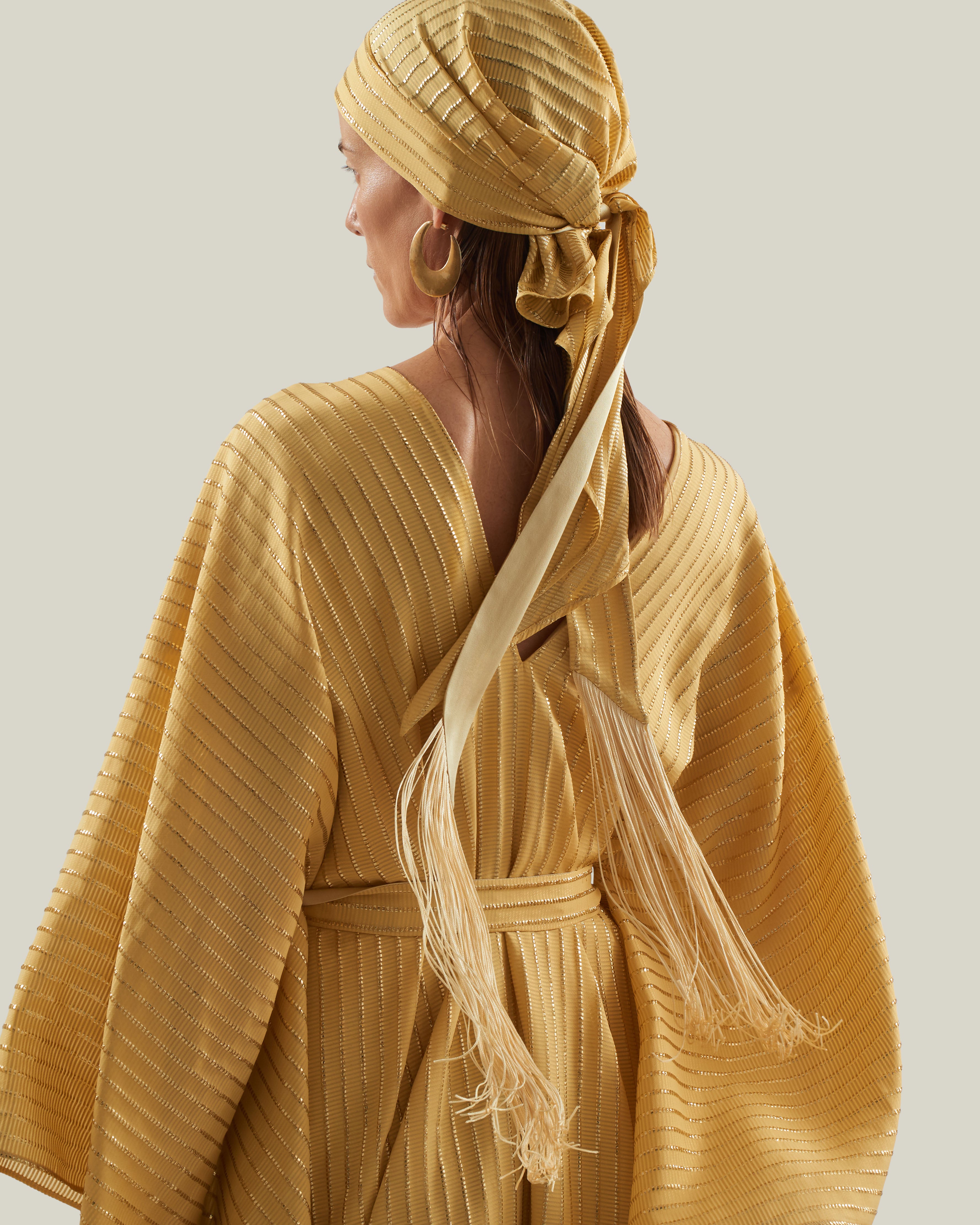 Casablanca Headscarf in Antique Gold - Three-dimensional lurex pin stripe fringed headscarf