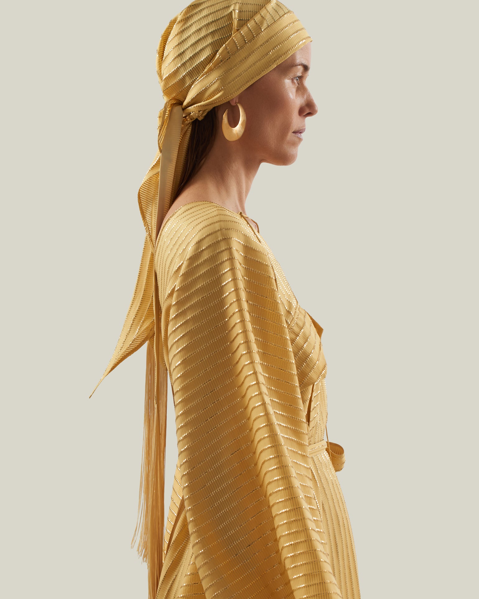 Casablanca Headscarf in Antique Gold - Three-dimensional lurex pin stripe fringed headscarf
