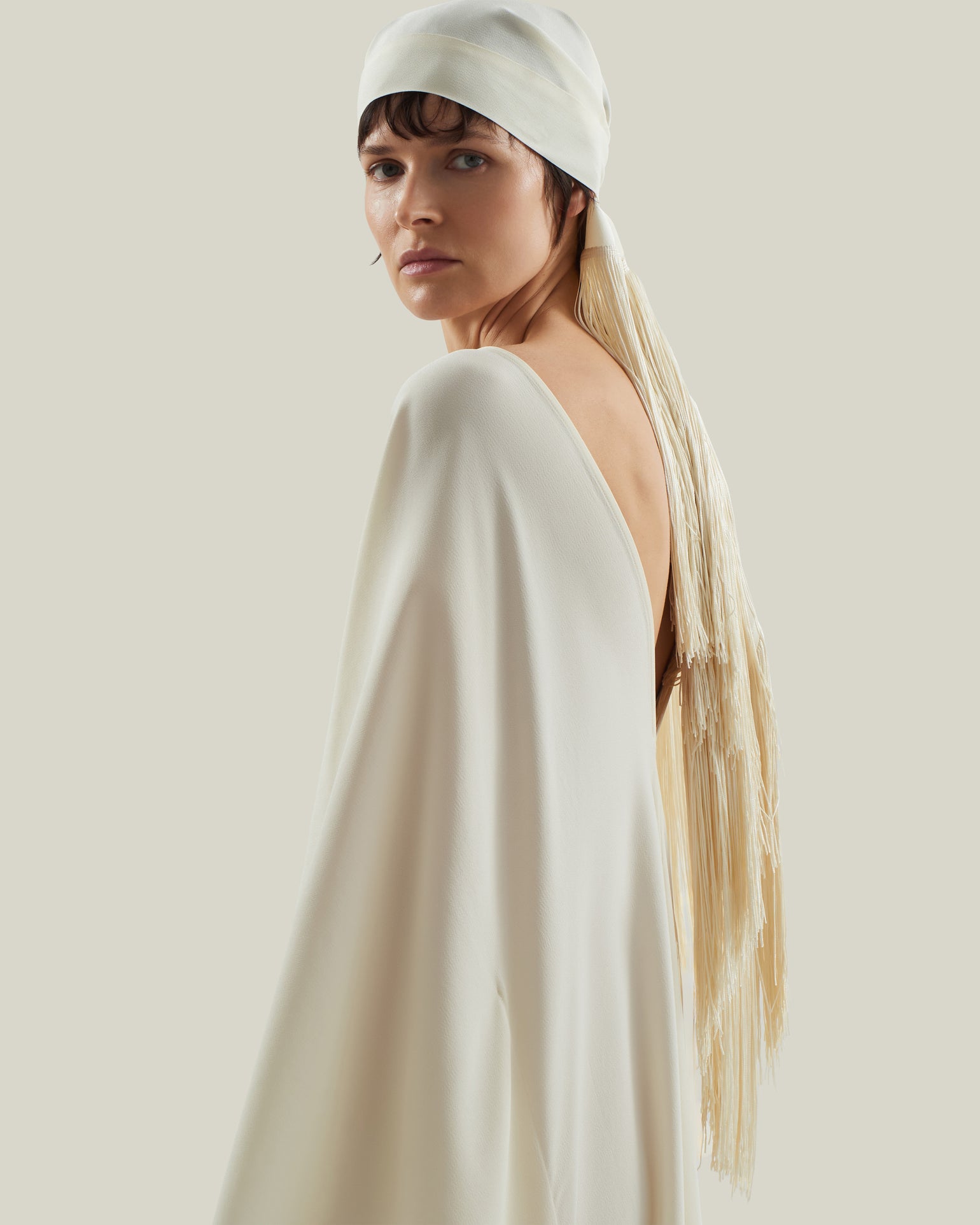 Bonny Headscarf in Ivory - Crepe cady fringed headscarf
