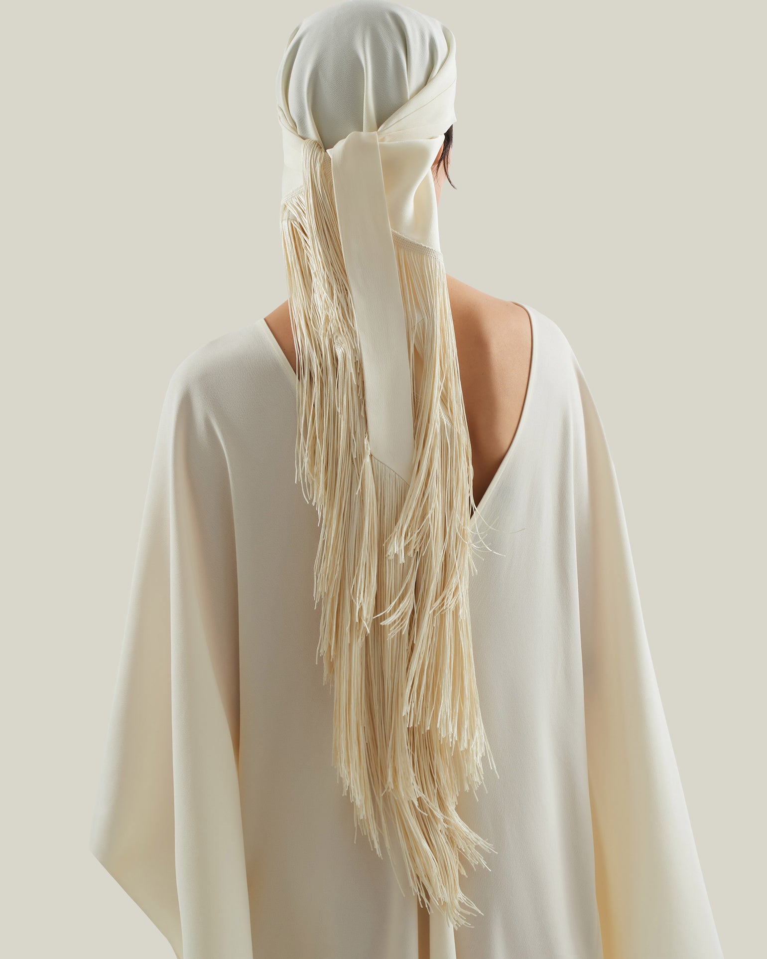 Bonny Headscarf in Ivory - Crepe cady fringed headscarf