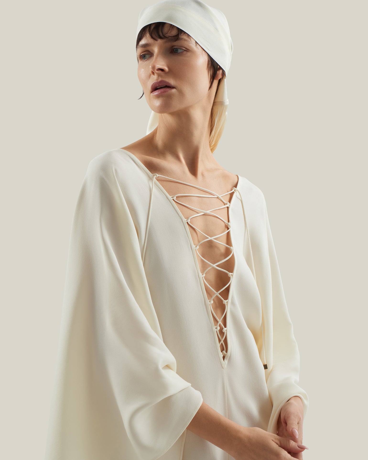 Bonny Headscarf in Ivory - Crepe cady fringed headscarf