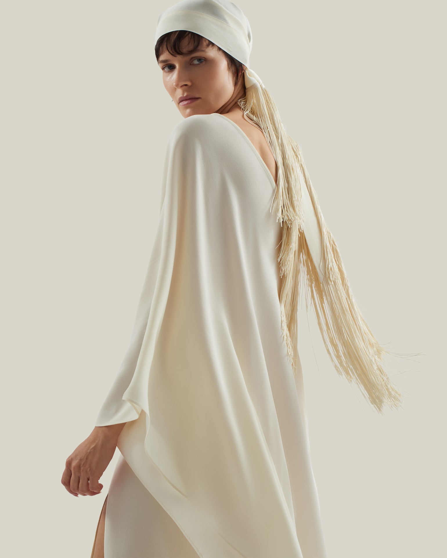 Bonny Headscarf in Ivory - Crepe cady fringed headscarf