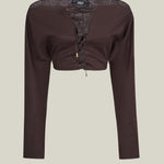 Mila Desert Blouse in Chocolate - Linen laced-up dolman sleeve cropped blouse