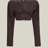 Mila Desert Blouse in Chocolate - Linen laced-up dolman sleeve cropped blouse