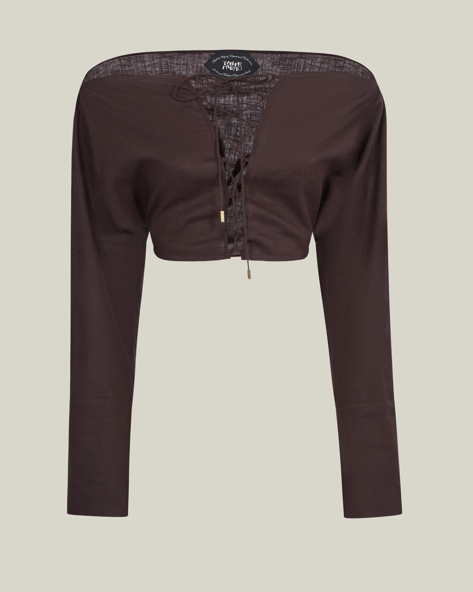 Mila Desert Blouse in Chocolate - Linen laced-up dolman sleeve cropped blouse