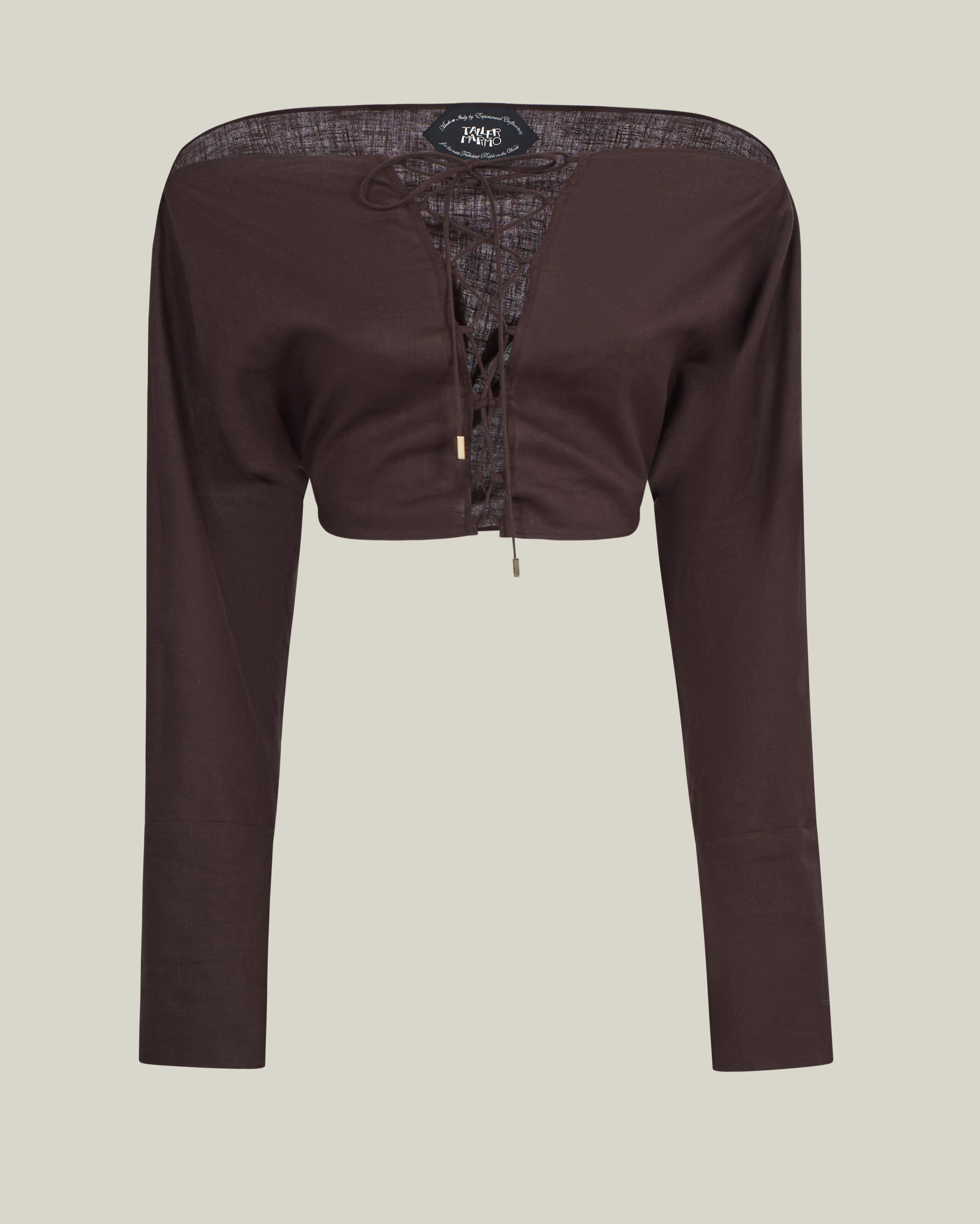 Mila Desert Blouse in Chocolate - Linen laced-up dolman sleeve cropped blouse