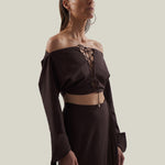 Mila Desert Blouse in Chocolate - Linen laced-up dolman sleeve cropped blouse