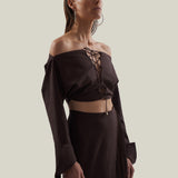 Mila Desert Blouse in Chocolate - Linen laced-up dolman sleeve cropped blouse