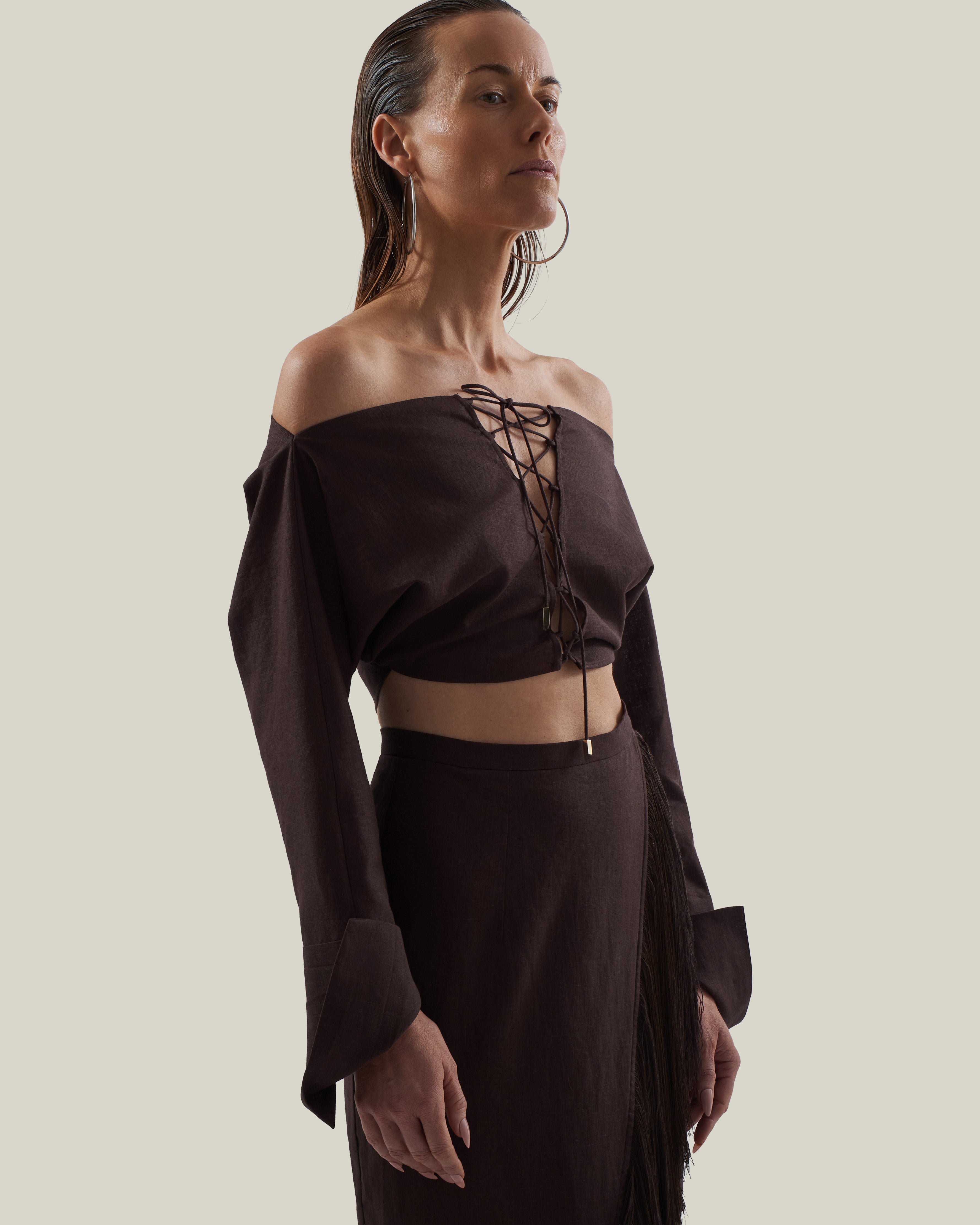 Mila Desert Blouse in Chocolate - Linen laced-up dolman sleeve cropped blouse