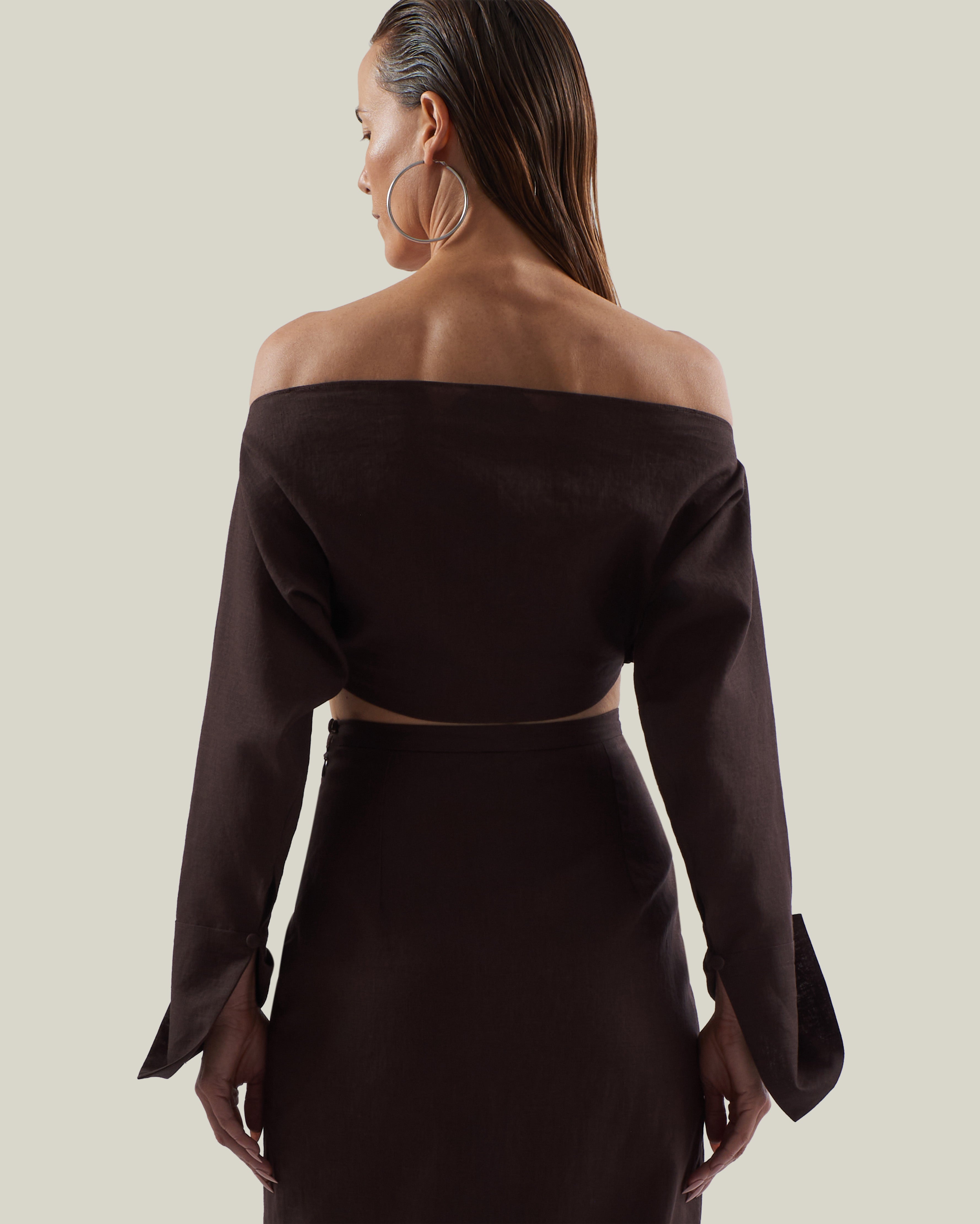 Mila Desert Blouse in Chocolate - Linen laced-up dolman sleeve cropped blouse