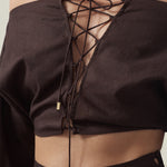 Mila Desert Blouse in Chocolate - Linen laced-up dolman sleeve cropped blouse