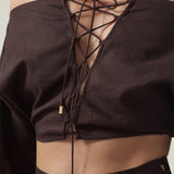 Mila Desert Blouse in Chocolate - Linen laced-up dolman sleeve cropped blouse