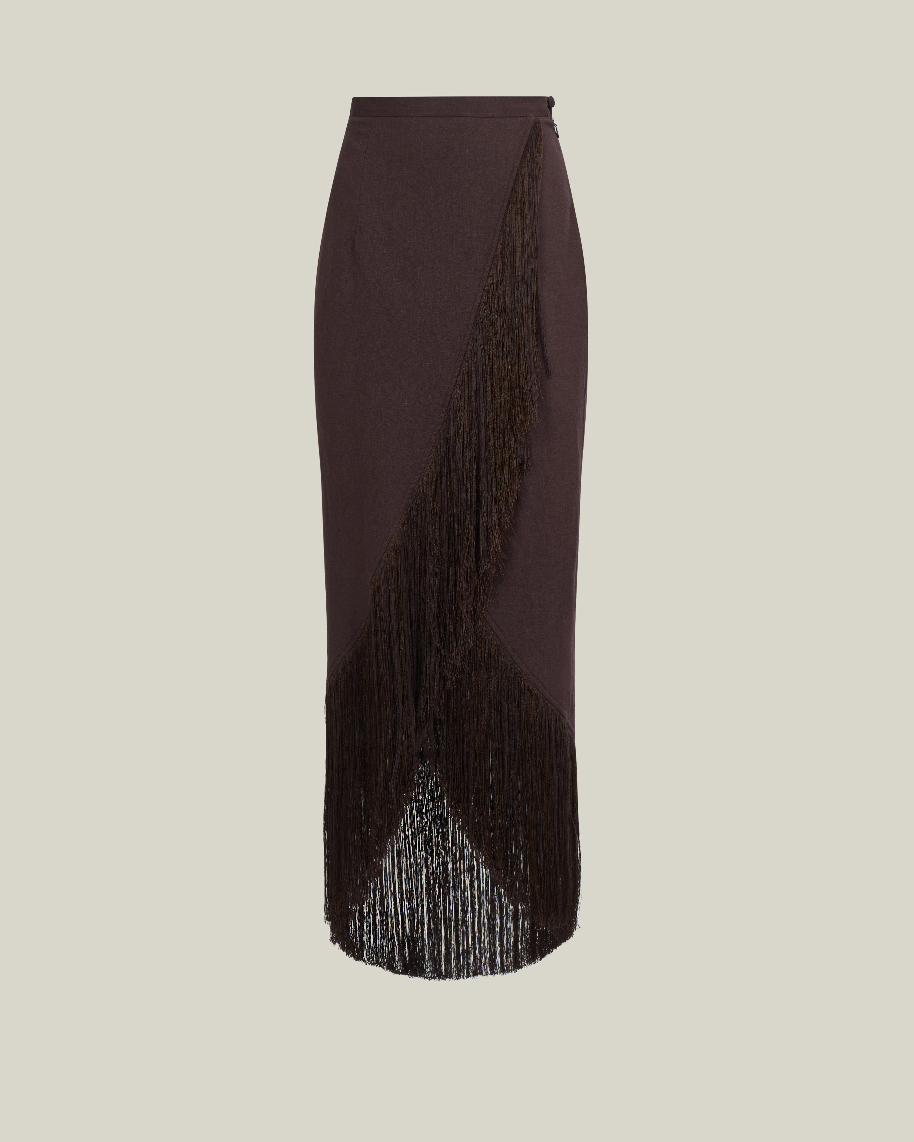 El Pareo Linen Skirt in Chocolate - Linen fringed wrap skirt