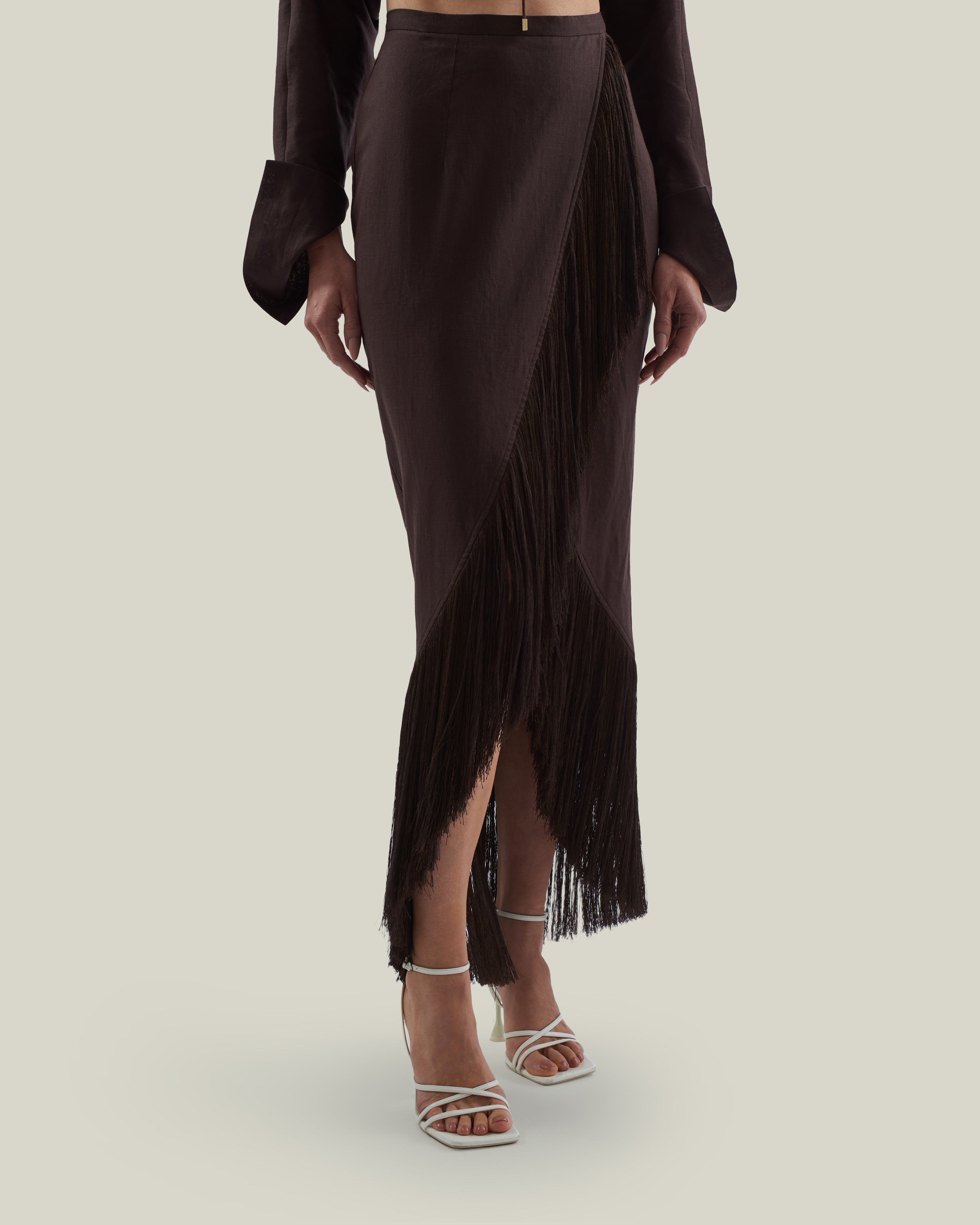 El Pareo Linen Skirt in Chocolate - Linen fringed wrap skirt