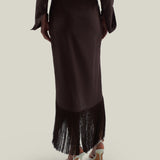 El Pareo Linen Skirt in Chocolate - Linen fringed wrap skirt