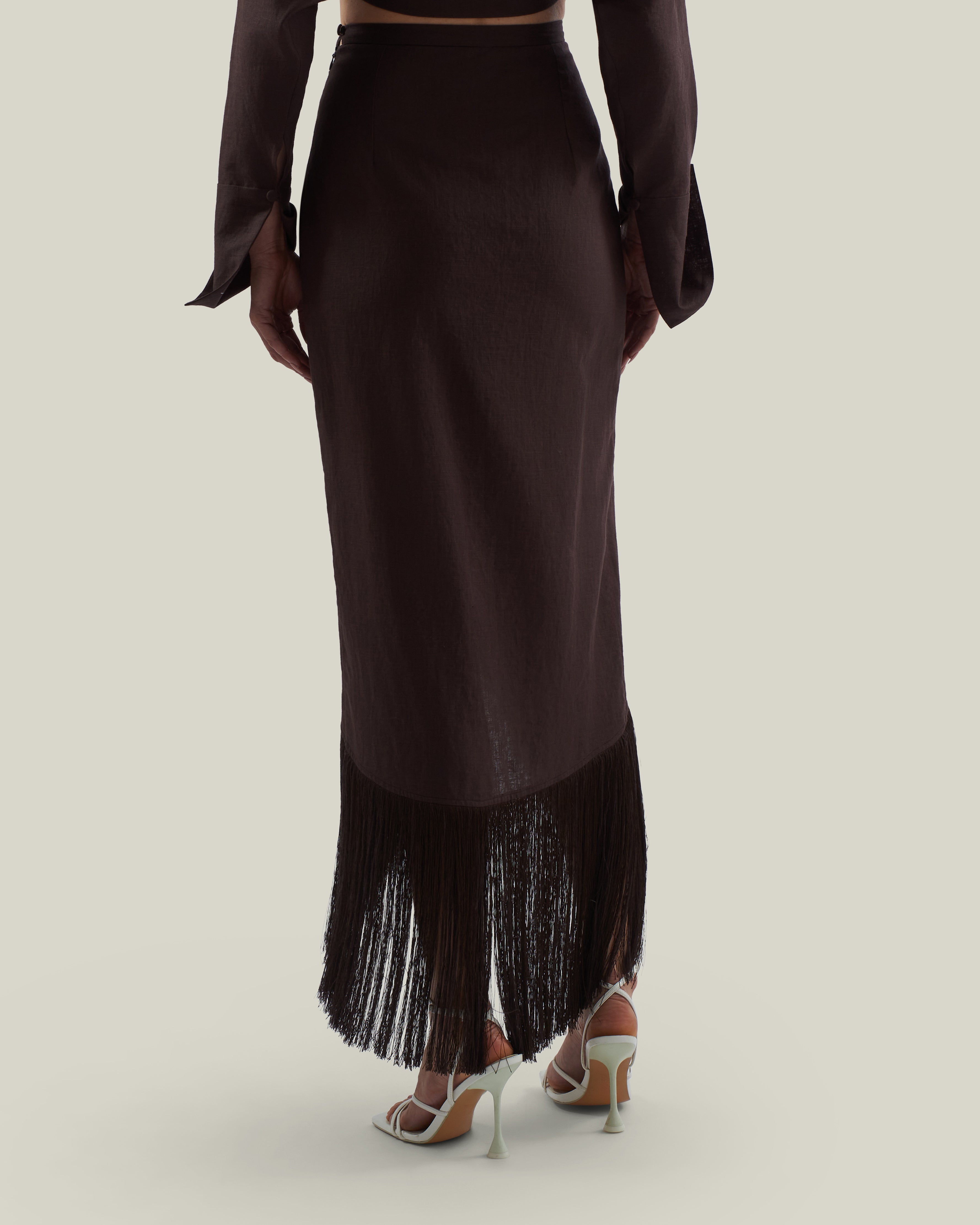 El Pareo Linen Skirt in Chocolate - Linen fringed wrap skirt