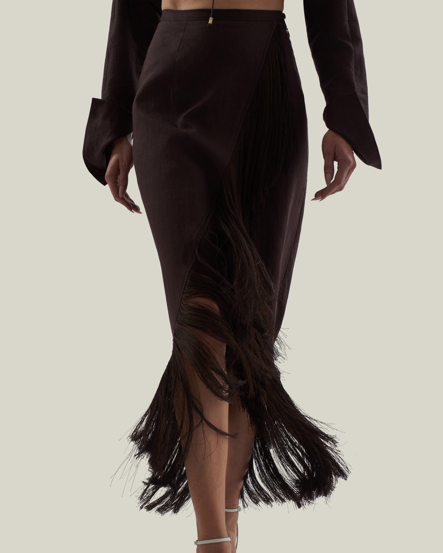 El Pareo Linen Skirt in Chocolate - Linen fringed wrap skirt