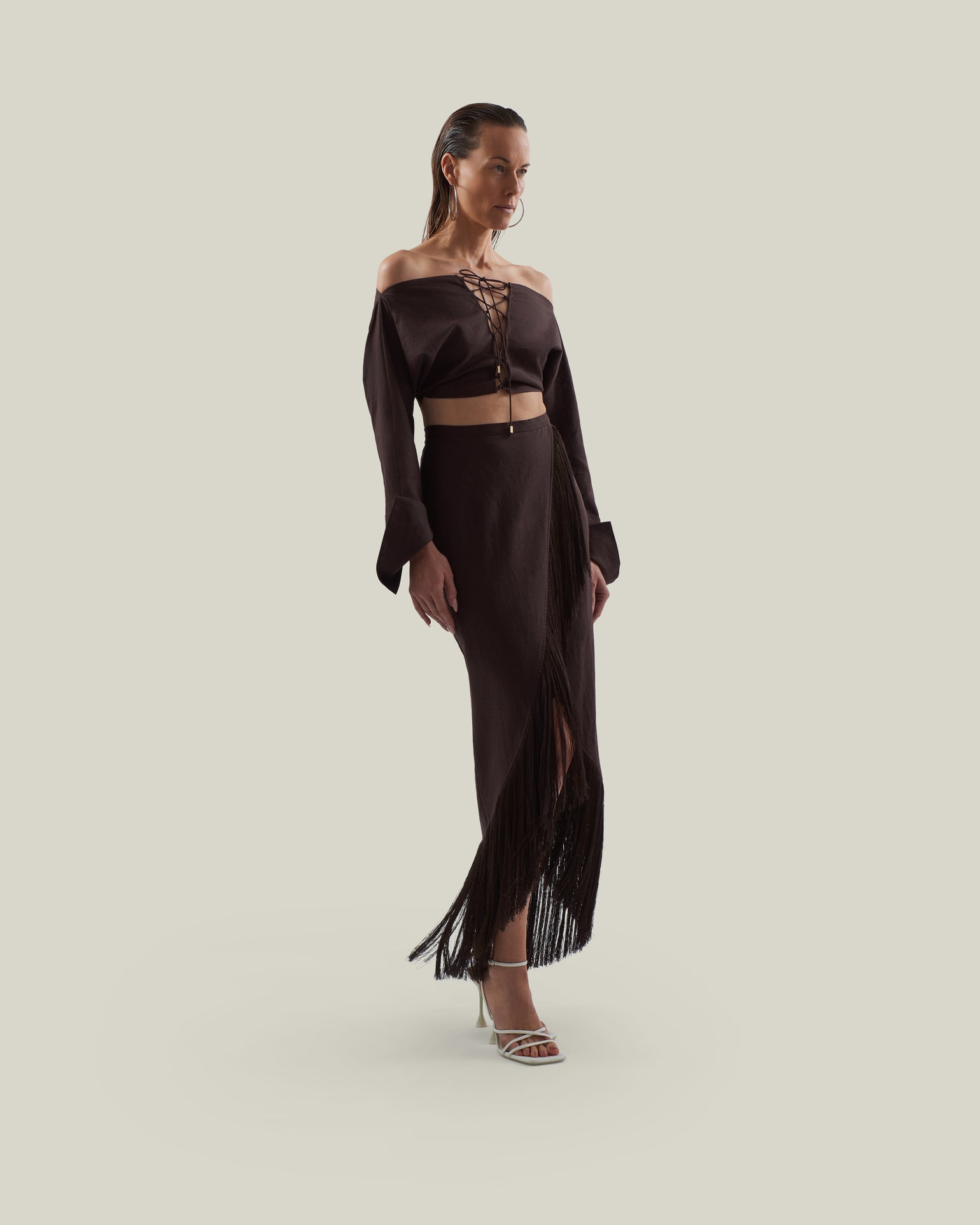 El Pareo Linen Skirt in Chocolate - Linen fringed wrap skirt