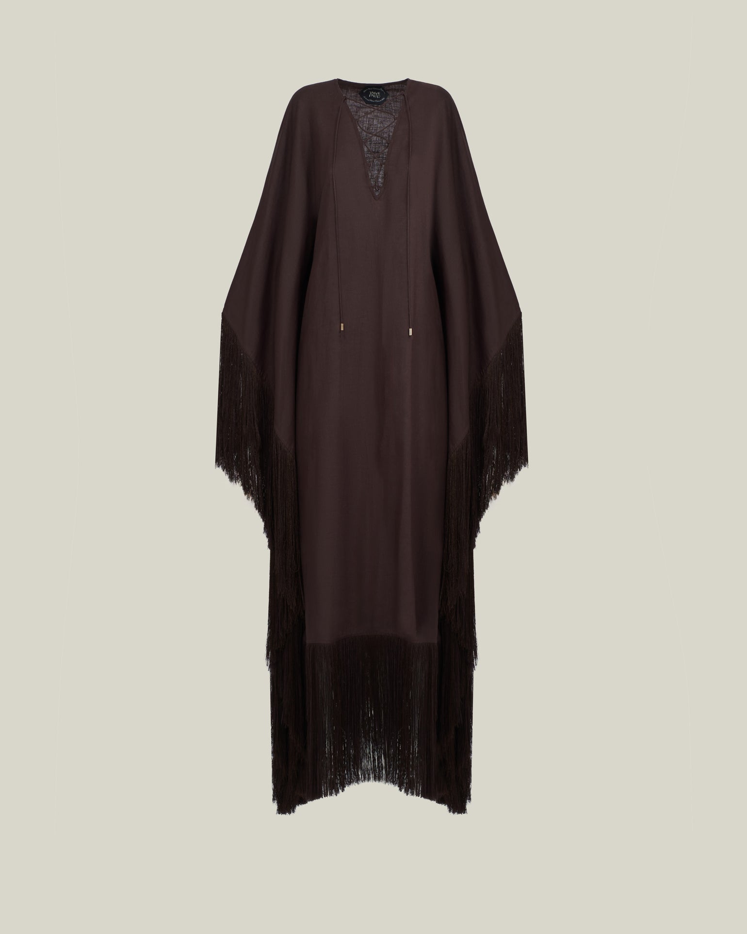 Empty Quarter Kaftan in Chocolate - Linen laced-up fringed maxi kaftan
