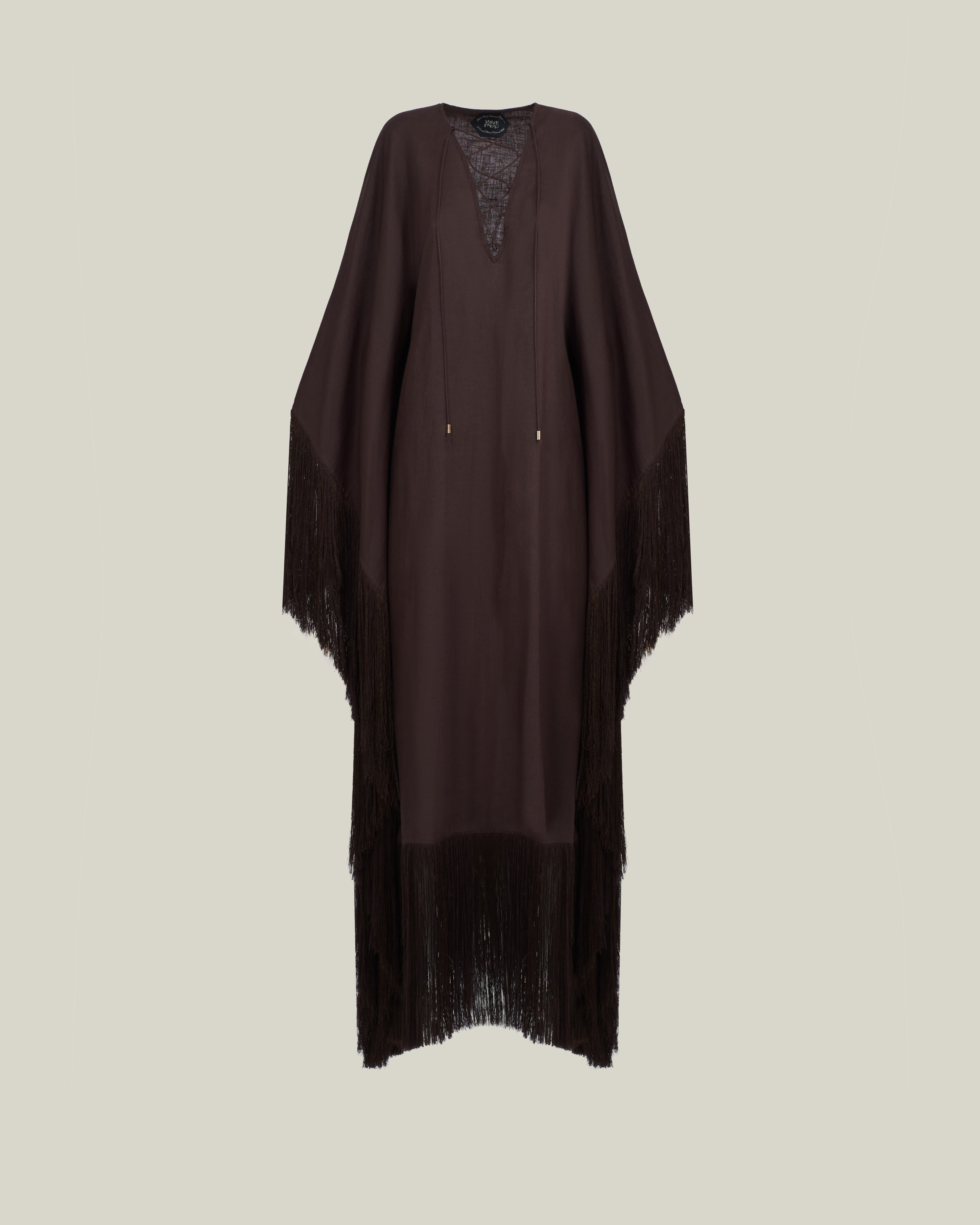Empty Quarter Kaftan in Chocolate - Linen laced-up fringed maxi kaftan