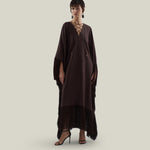 Empty Quarter Kaftan in Chocolate - Linen laced-up fringed maxi kaftan