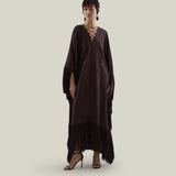 Empty Quarter Kaftan in Chocolate - Linen laced-up fringed maxi kaftan