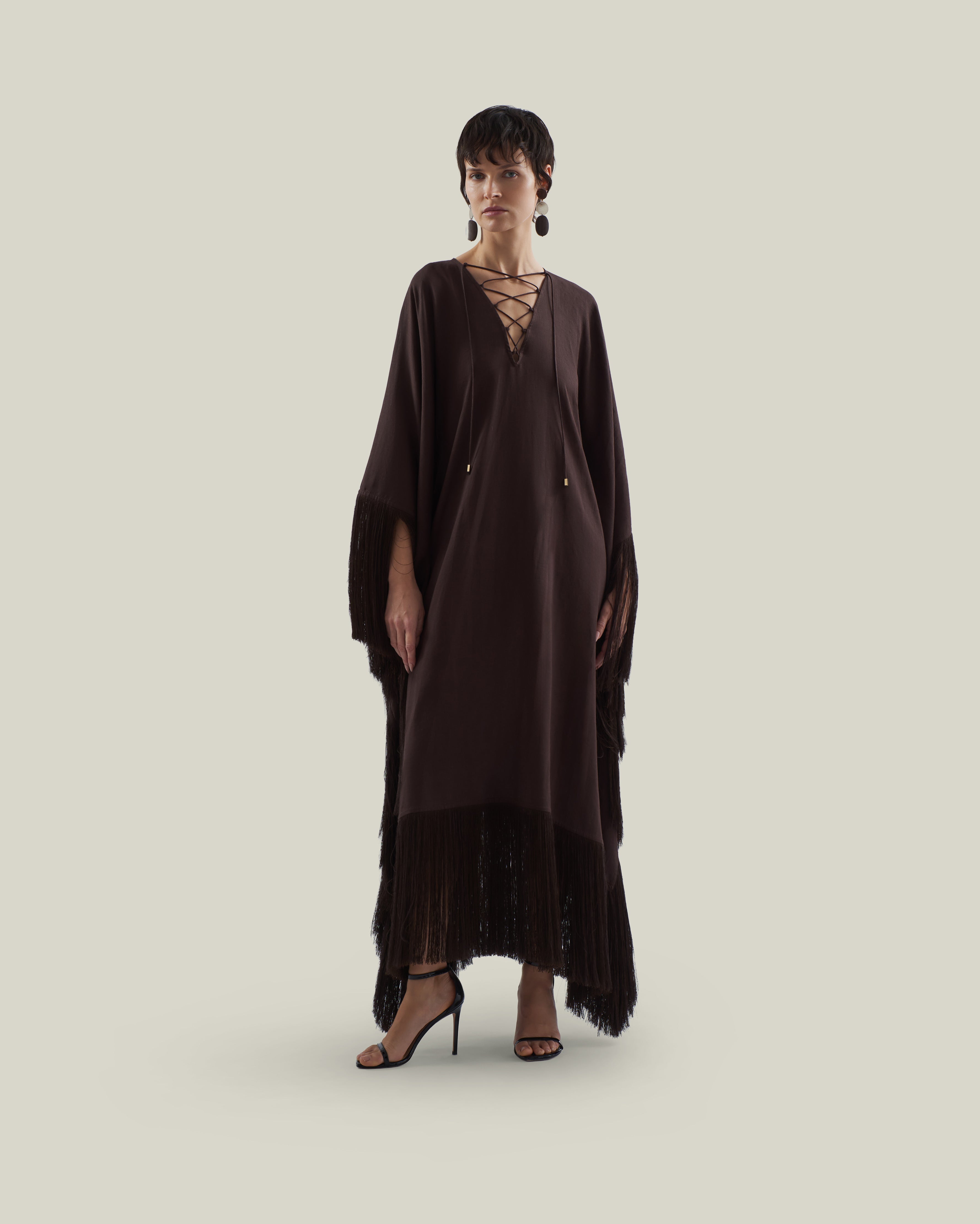 Empty Quarter Kaftan in Chocolate - Linen laced-up fringed maxi kaftan
