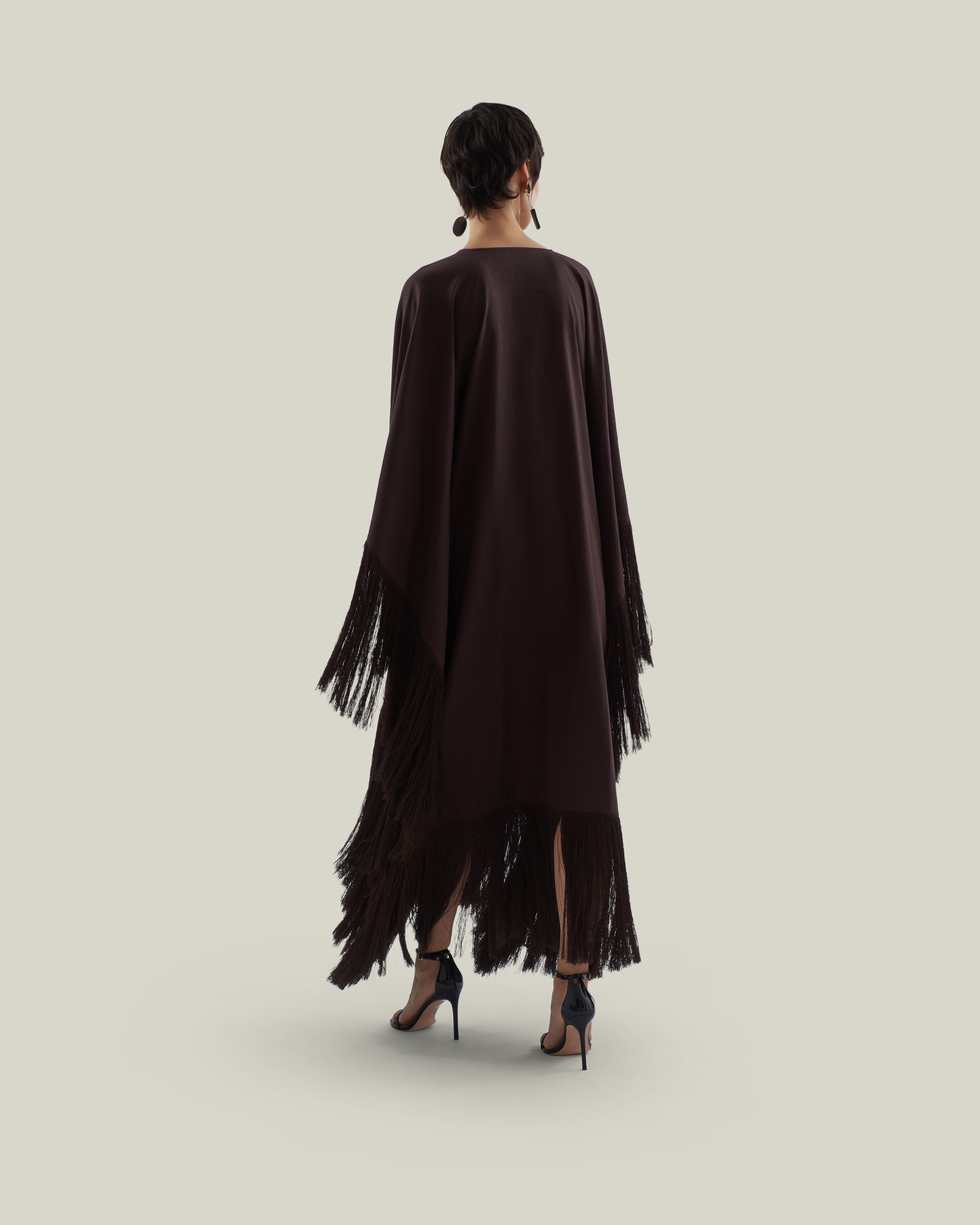 Empty Quarter Kaftan in Chocolate - Linen laced-up fringed maxi kaftan