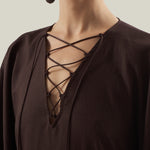 Empty Quarter Kaftan in Chocolate - Linen laced-up fringed maxi kaftan