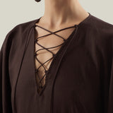 Empty Quarter Kaftan in Chocolate - Linen laced-up fringed maxi kaftan
