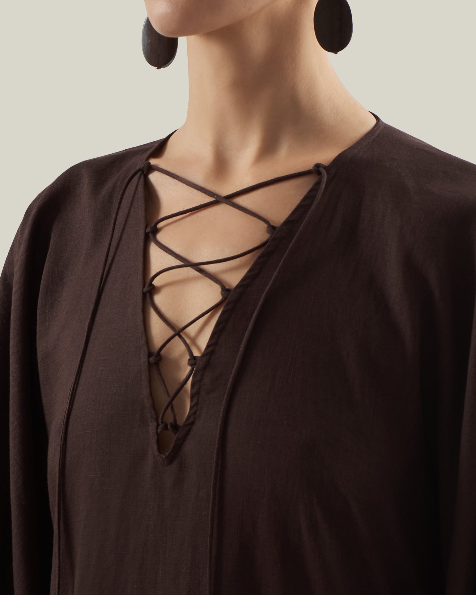 Empty Quarter Kaftan in Chocolate - Linen laced-up fringed maxi kaftan