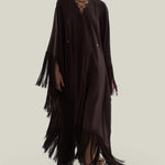 Empty Quarter Kaftan in Chocolate - Linen laced-up fringed maxi kaftan