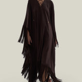 Empty Quarter Kaftan in Chocolate - Linen laced-up fringed maxi kaftan