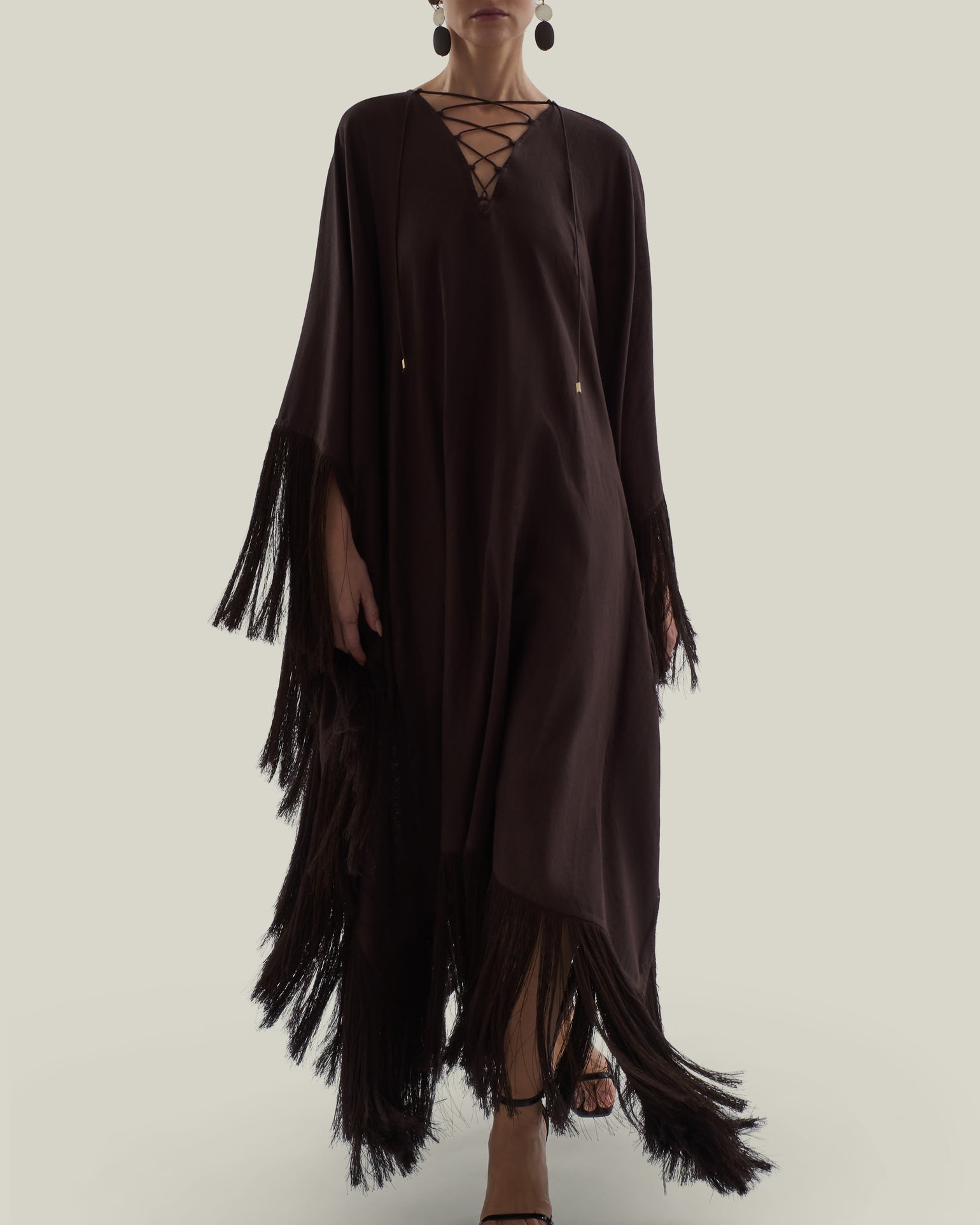 Empty Quarter Kaftan in Chocolate - Linen laced-up fringed maxi kaftan