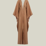 Mojave Linen Kaftan in Camel - Linen laced-up neckline belted kaftan with pockets