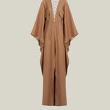 Mojave Linen Kaftan in Camel - Linen laced-up neckline belted kaftan with pockets