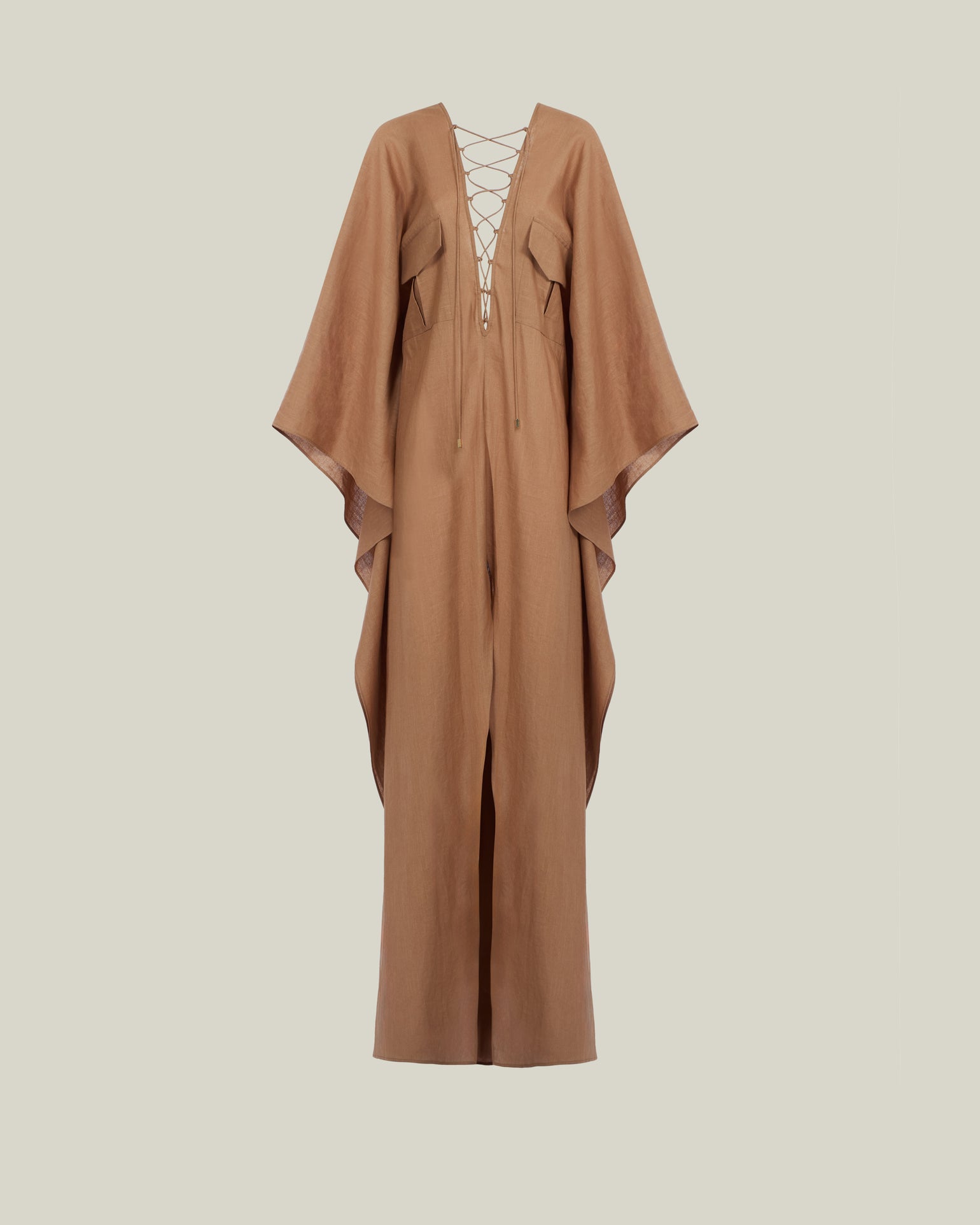 Mojave Linen Kaftan in Camel - Linen laced-up neckline belted kaftan with pockets