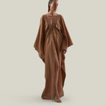 Mojave Linen Kaftan in Camel - Linen laced-up neckline belted kaftan with pockets