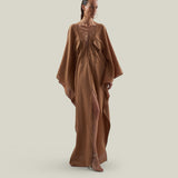 Mojave Linen Kaftan in Camel - Linen laced-up neckline belted kaftan with pockets