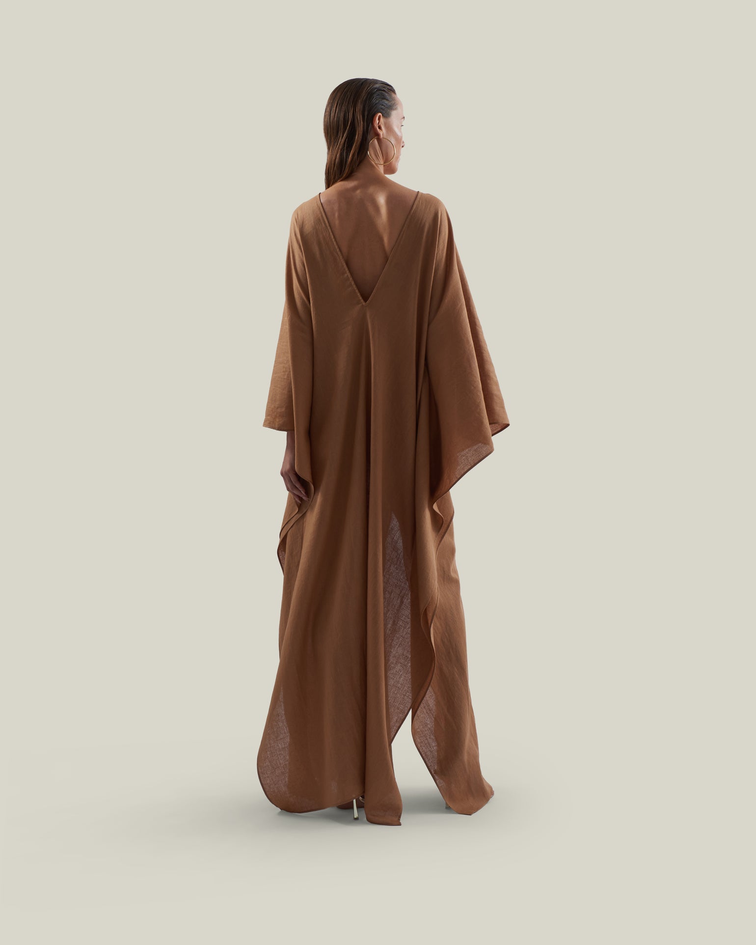 Mojave Linen Kaftan in Camel - Linen laced-up neckline belted kaftan with pockets