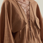 Mojave Linen Kaftan in Camel - Linen laced-up neckline belted kaftan with pockets