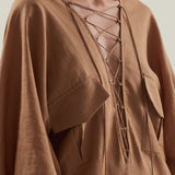 Mojave Linen Kaftan in Camel - Linen laced-up neckline belted kaftan with pockets