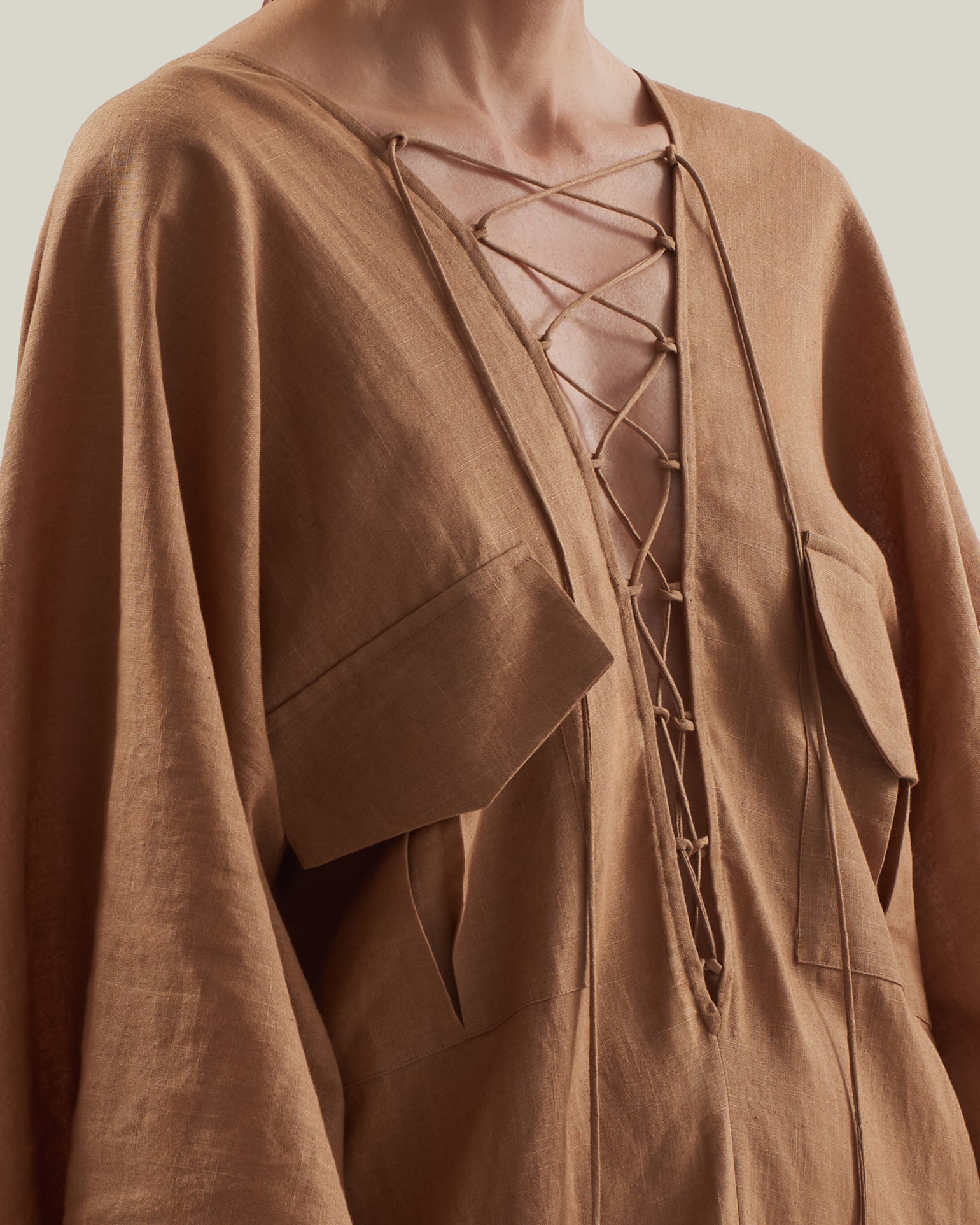 Mojave Linen Kaftan in Camel - Linen laced-up neckline belted kaftan with pockets