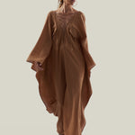 Mojave Linen Kaftan in Camel - Linen laced-up neckline belted kaftan with pockets