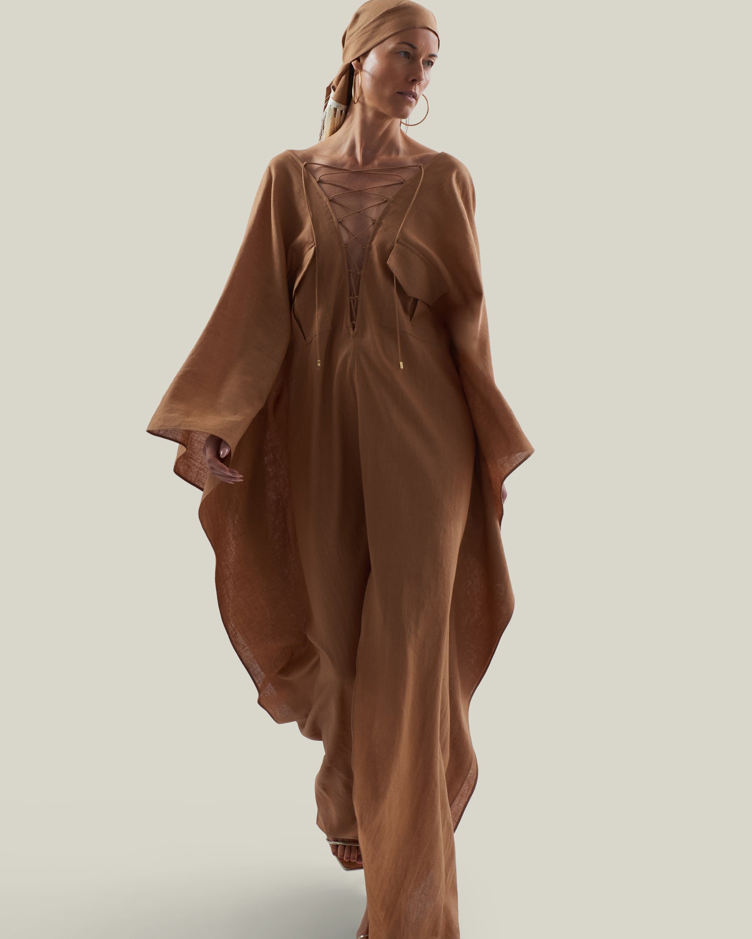 Mojave Linen Kaftan in Camel - Linen laced-up neckline belted kaftan with pockets