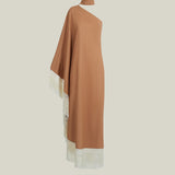 Andes Dress in Camel-Ivory - Linen one shoulder contrast fringe-trimmed dress 