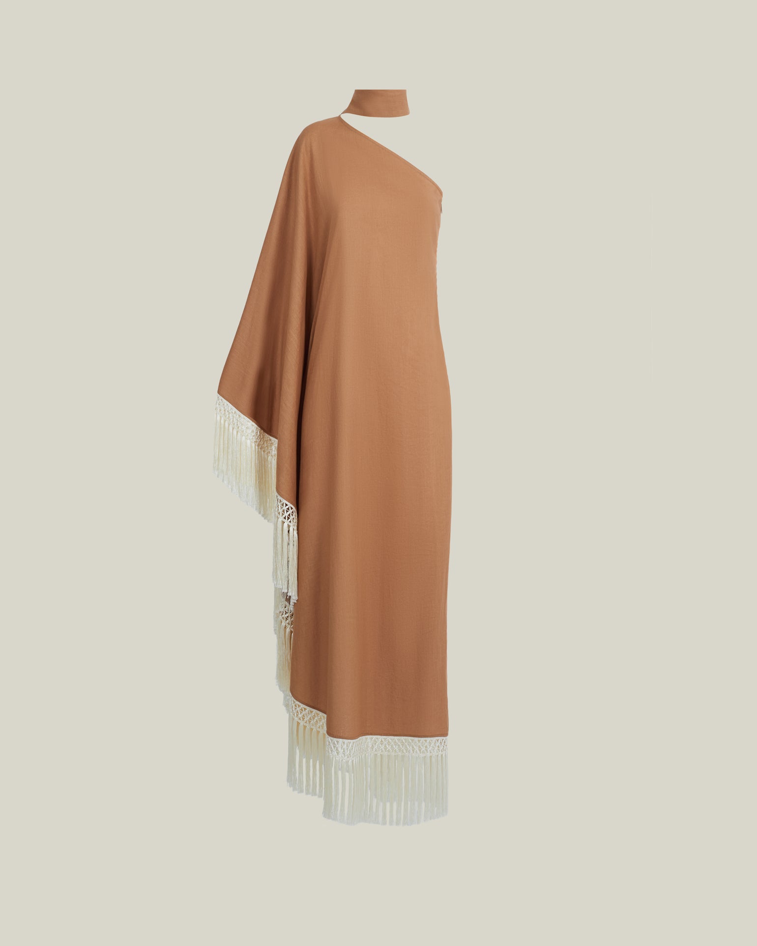 Andes Dress in Camel-Ivory - Linen one shoulder contrast fringe-trimmed dress 