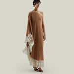Andes Dress in Camel-Ivory - Linen one shoulder contrast fringe-trimmed dress 