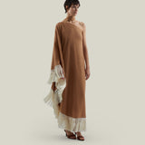 Andes Dress in Camel-Ivory - Linen one shoulder contrast fringe-trimmed dress 