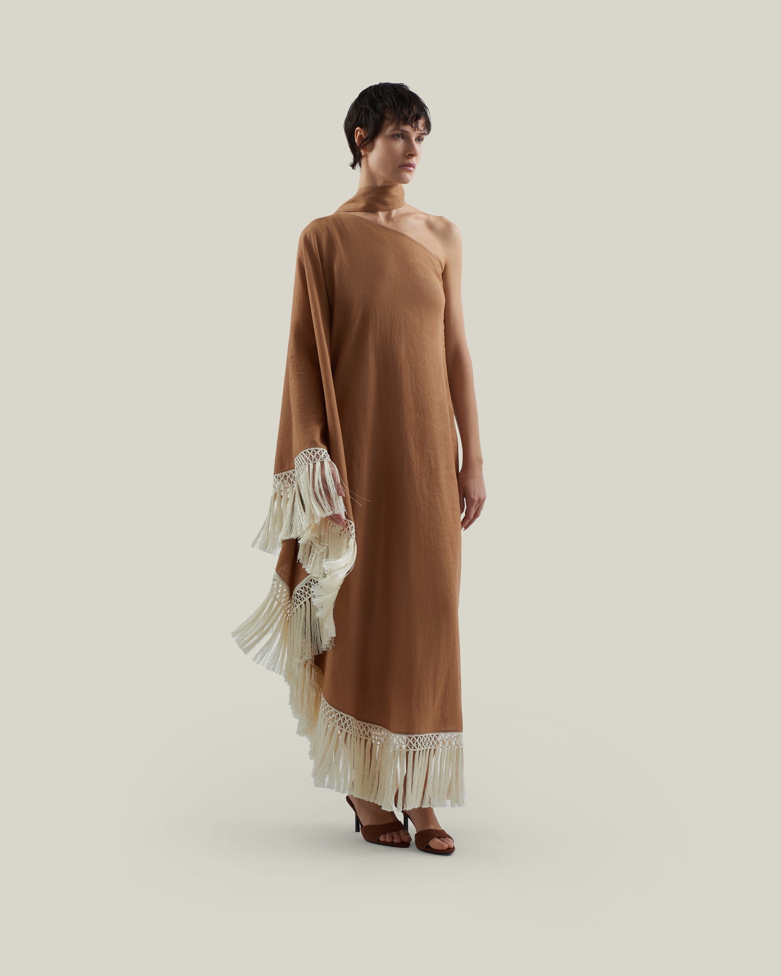 Andes Dress in Camel-Ivory - Linen one shoulder contrast fringe-trimmed dress 